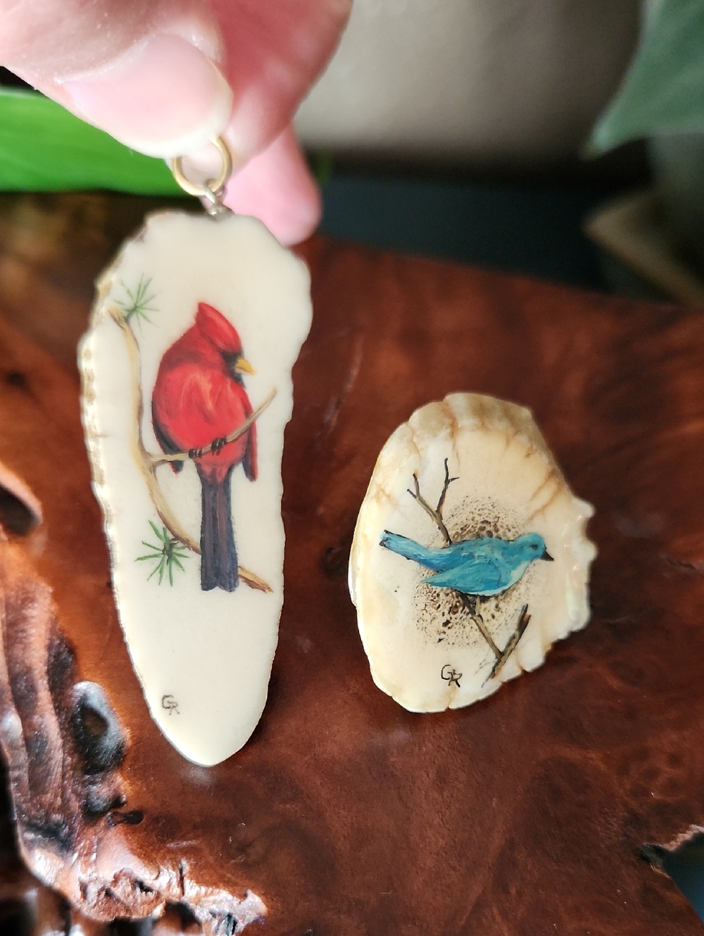 Artisan Cardinal and Bluebird Pendant And Pin Duo On Antler